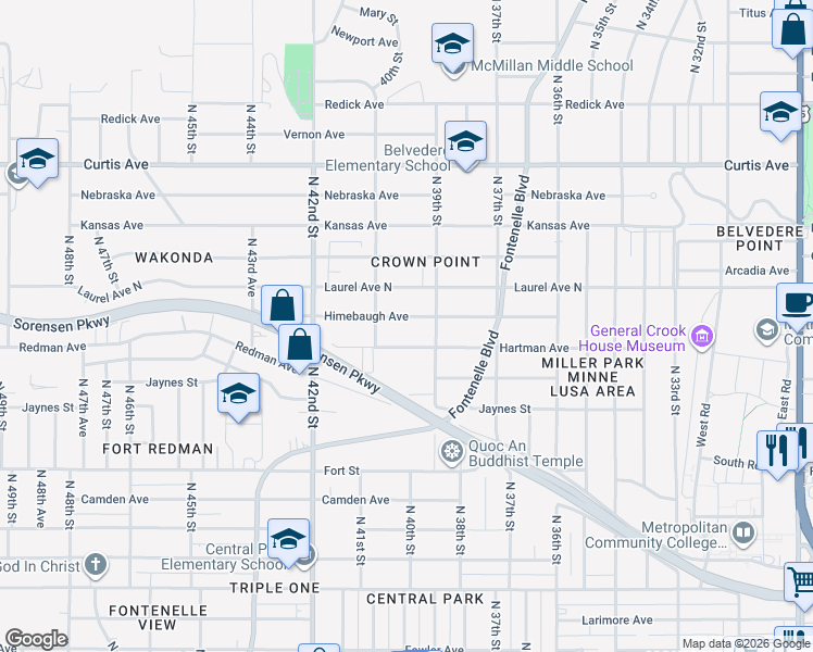 map of restaurants, bars, coffee shops, grocery stores, and more near 3910 Himebaugh Avenue in Omaha