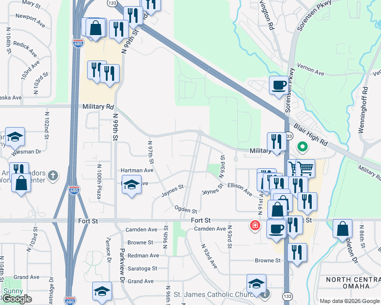map of restaurants, bars, coffee shops, grocery stores, and more near 9375 Laurel Avenue in Omaha