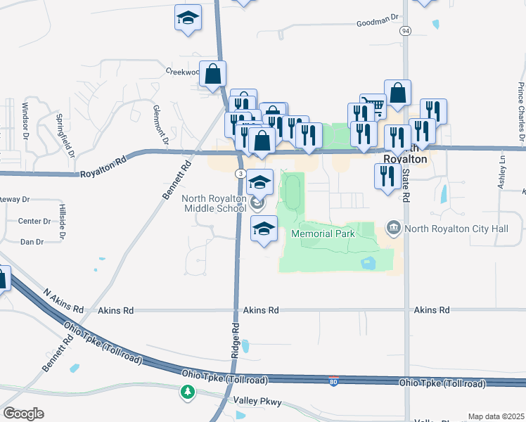 map of restaurants, bars, coffee shops, grocery stores, and more near 14713 Ridge Road in North Royalton