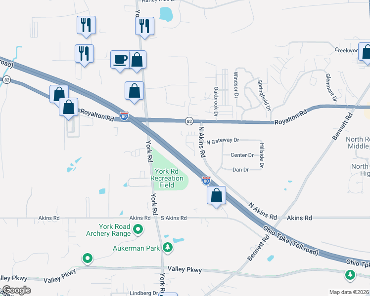 map of restaurants, bars, coffee shops, grocery stores, and more near 8507 North Akins Road in North Royalton