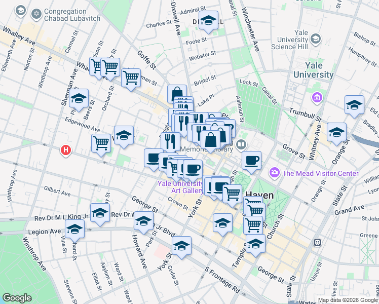 map of restaurants, bars, coffee shops, grocery stores, and more near 33 Lynwood Place in New Haven