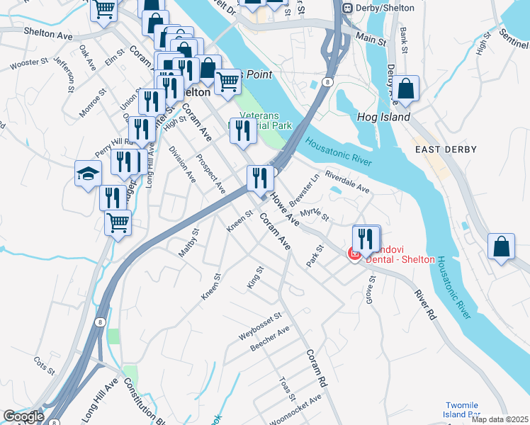 map of restaurants, bars, coffee shops, grocery stores, and more near 19 Kneen Street in Shelton