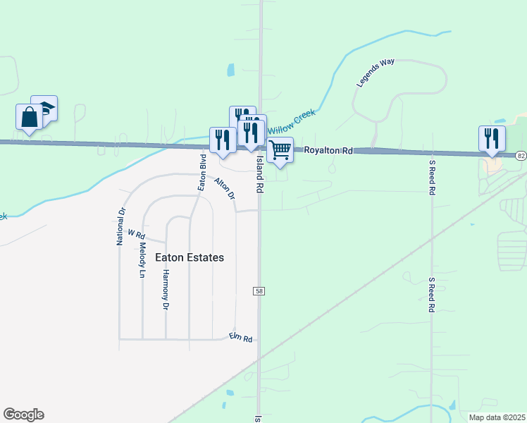 map of restaurants, bars, coffee shops, grocery stores, and more near 35012 East Road in Grafton