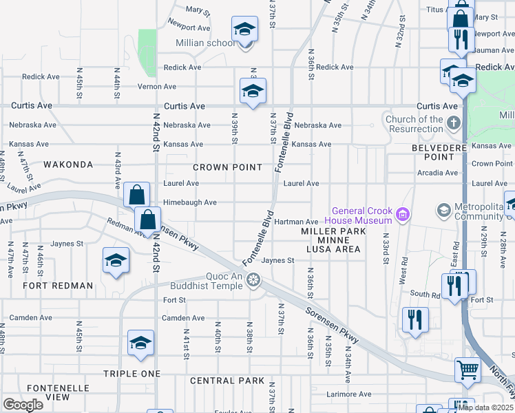 map of restaurants, bars, coffee shops, grocery stores, and more near 3723 Himebaugh Avenue in Omaha