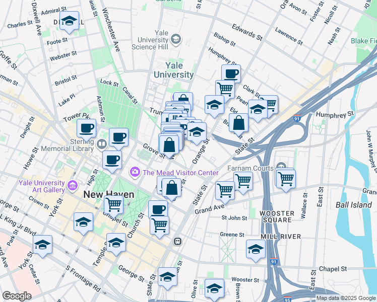 map of restaurants, bars, coffee shops, grocery stores, and more near 70 Audubon Street in New Haven