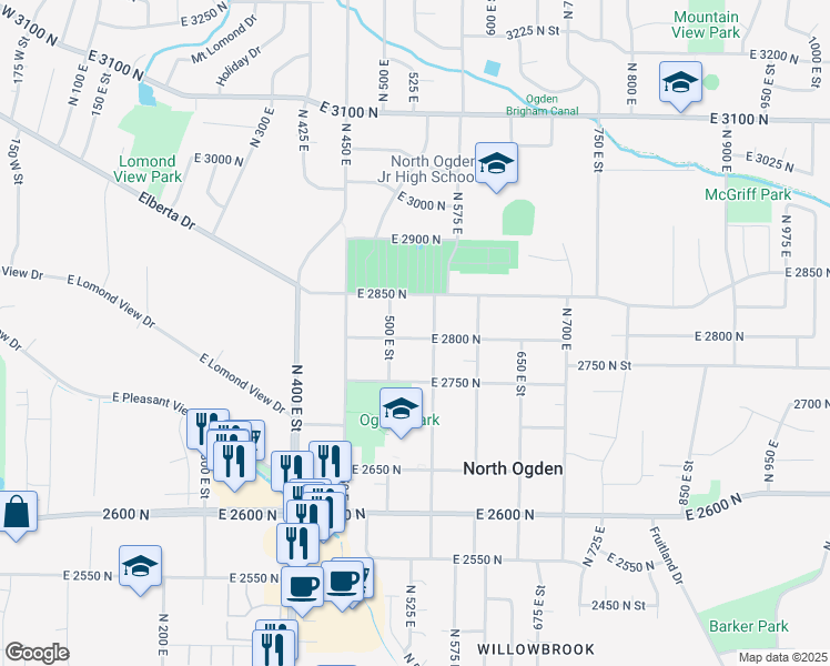 map of restaurants, bars, coffee shops, grocery stores, and more near 520 East 2800 North in North Ogden
