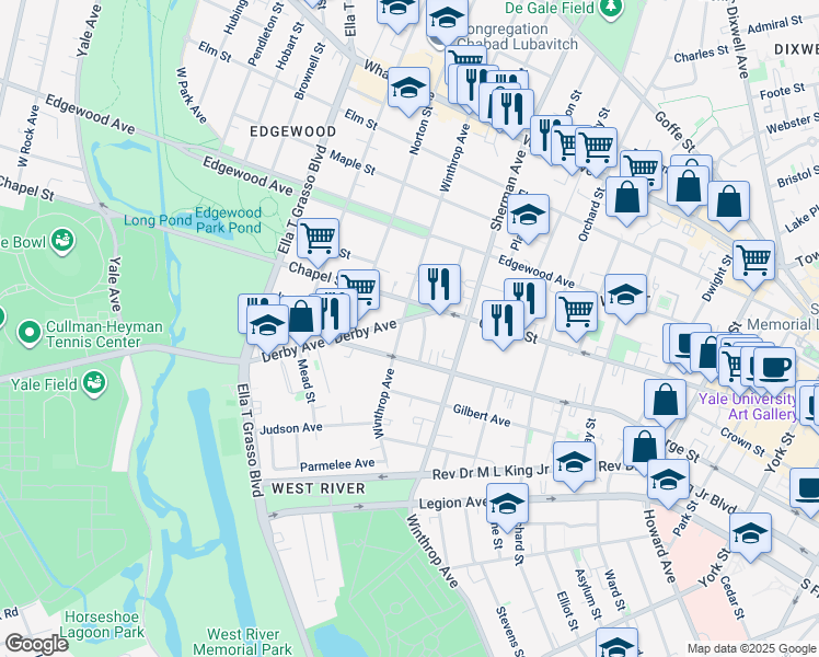 map of restaurants, bars, coffee shops, grocery stores, and more near 36 Derby Avenue in New Haven