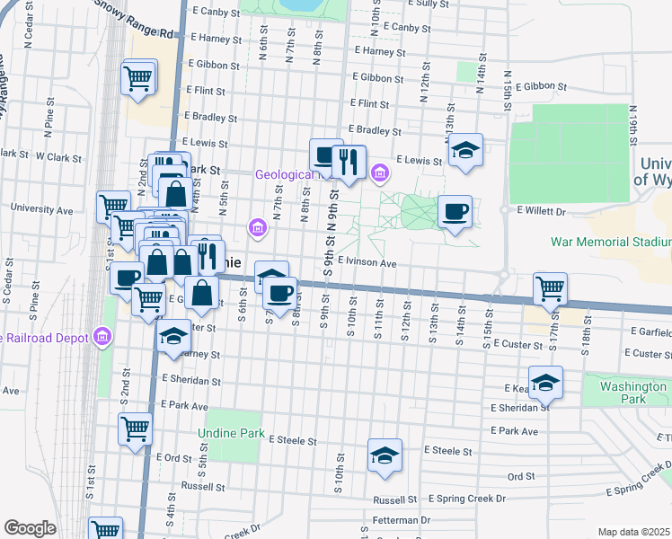 map of restaurants, bars, coffee shops, grocery stores, and more near 910 East Ivinson Avenue in Laramie