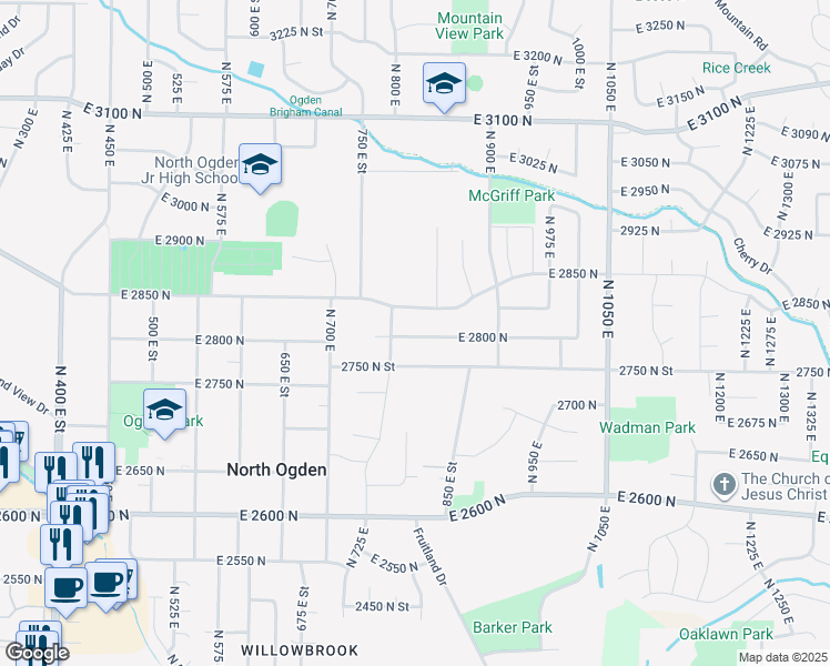 map of restaurants, bars, coffee shops, grocery stores, and more near 2840 North 800 East in North Ogden