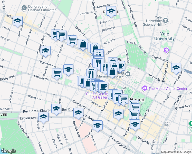 map of restaurants, bars, coffee shops, grocery stores, and more near 100 Howe Street in New Haven