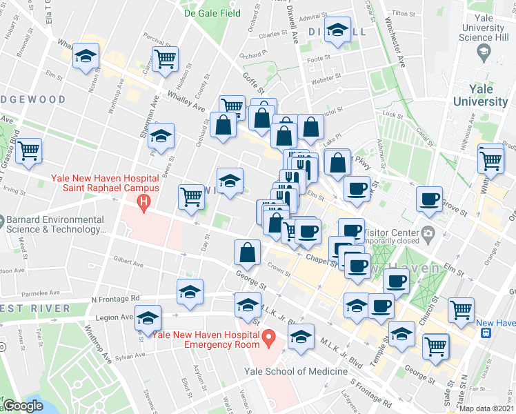 map of restaurants, bars, coffee shops, grocery stores, and more near 91 Edgewood Avenue in New Haven
