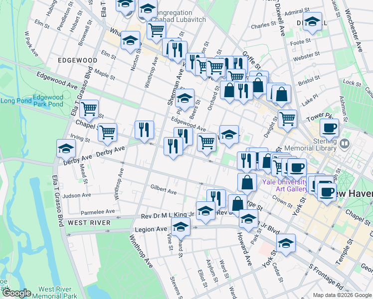 map of restaurants, bars, coffee shops, grocery stores, and more near 23 Beers Street in New Haven
