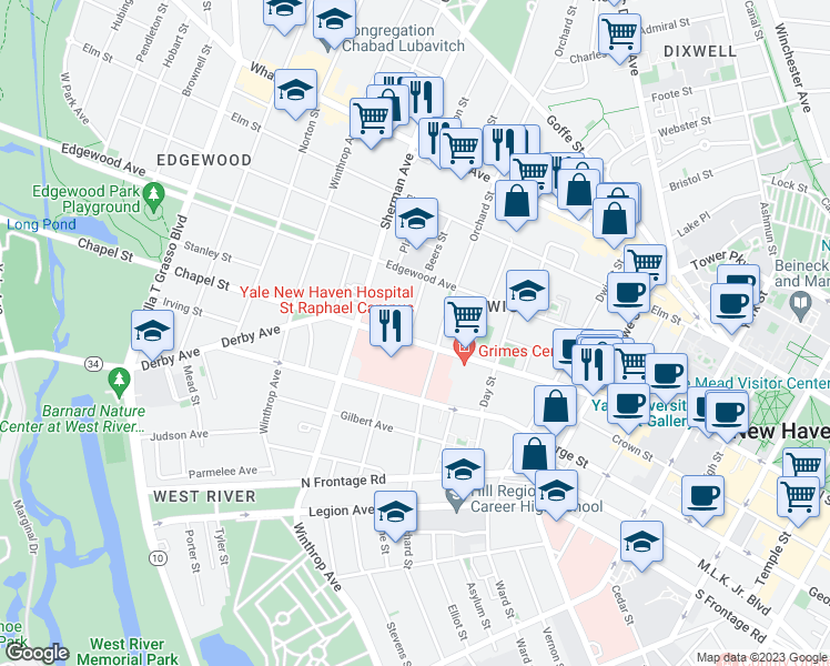 map of restaurants, bars, coffee shops, grocery stores, and more near 23 Beers Street in New Haven