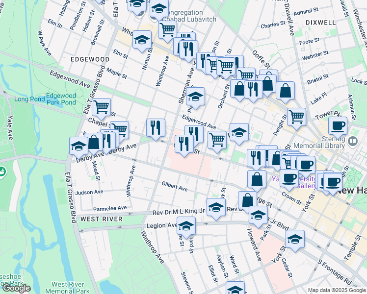map of restaurants, bars, coffee shops, grocery stores, and more near 1447 Chapel Street in New Haven