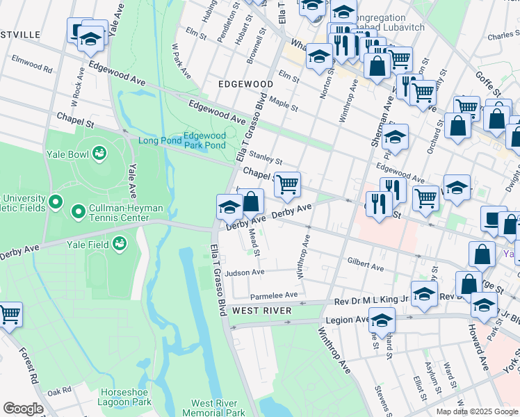 map of restaurants, bars, coffee shops, grocery stores, and more near 38 Ellsworth Avenue in New Haven