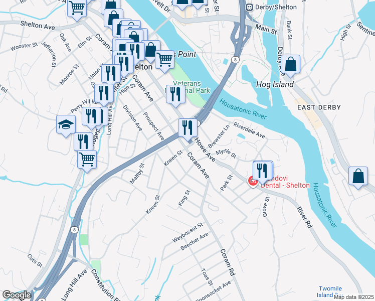 map of restaurants, bars, coffee shops, grocery stores, and more near 19 Kneen Street in Shelton