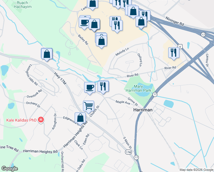 map of restaurants, bars, coffee shops, grocery stores, and more near 9 Conklin Lane in Harriman