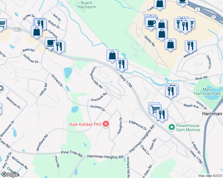map of restaurants, bars, coffee shops, grocery stores, and more near 15 Lexington Hills Road in Harriman
