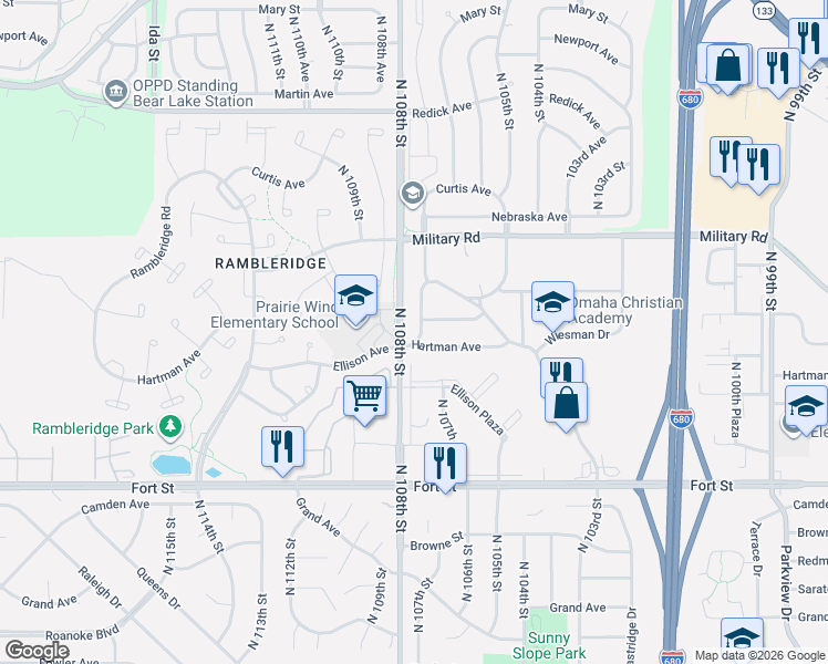 map of restaurants, bars, coffee shops, grocery stores, and more near 5624 North 107th Street in Omaha