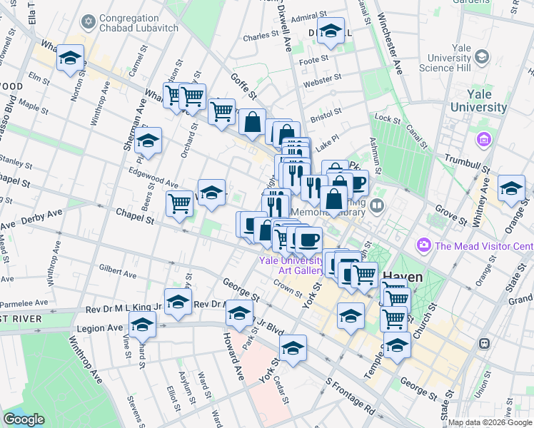 map of restaurants, bars, coffee shops, grocery stores, and more near 67 Edgewood Avenue in New Haven