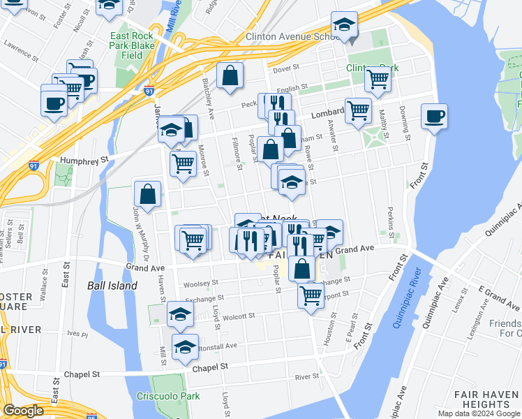 map of restaurants, bars, coffee shops, grocery stores, and more near 342 Poplar Street in New Haven