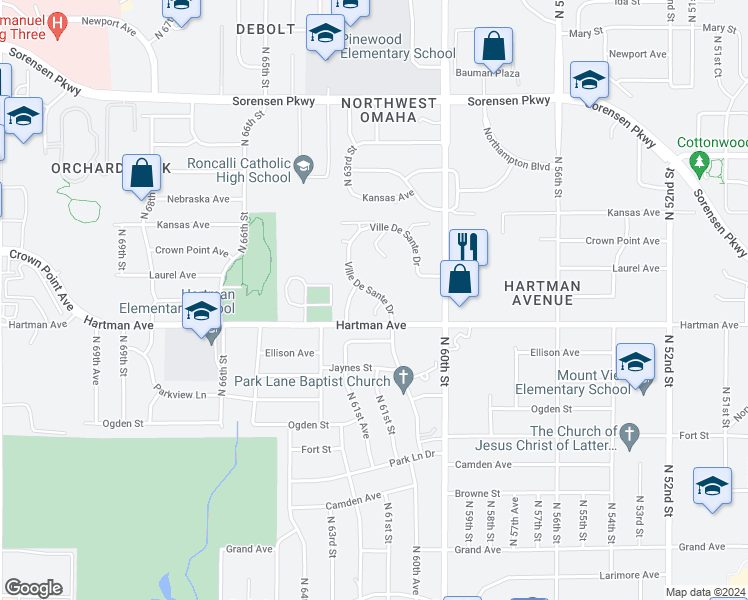 map of restaurants, bars, coffee shops, grocery stores, and more near 6201 Ville De Sante Drive in Omaha