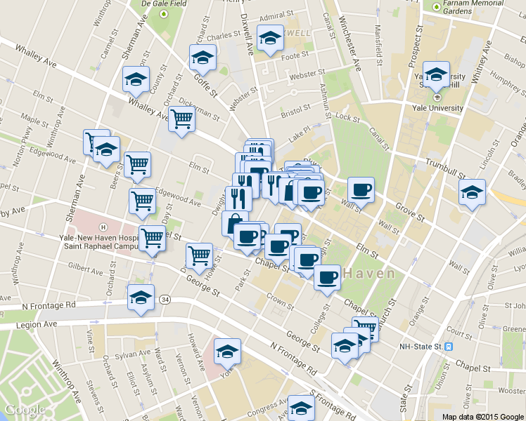map of restaurants, bars, coffee shops, grocery stores, and more near 35 Lynwood Pl in New Haven