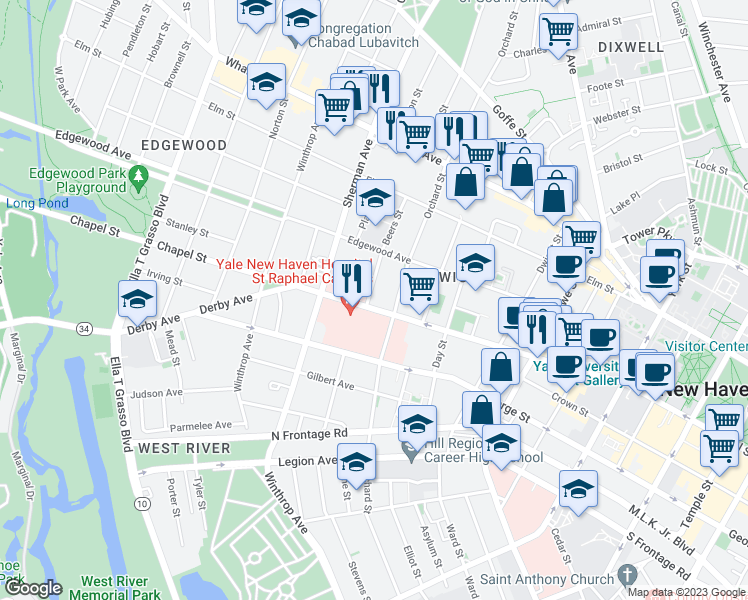 map of restaurants, bars, coffee shops, grocery stores, and more near 23 Beers Street in New Haven