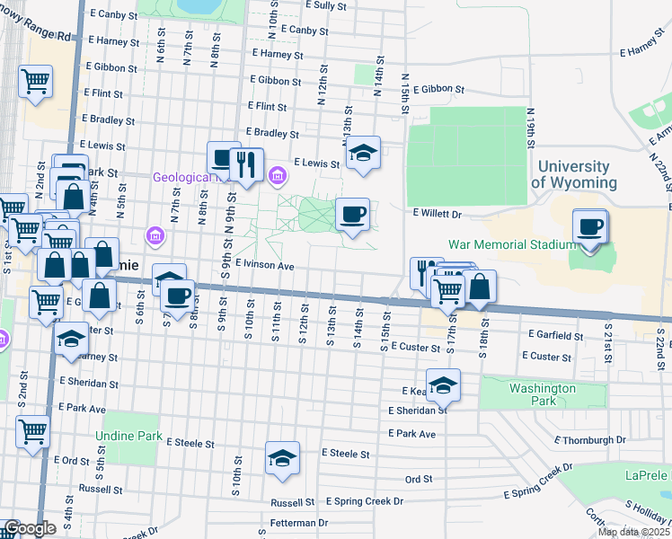 map of restaurants, bars, coffee shops, grocery stores, and more near 1000 East University Avenue in Laramie