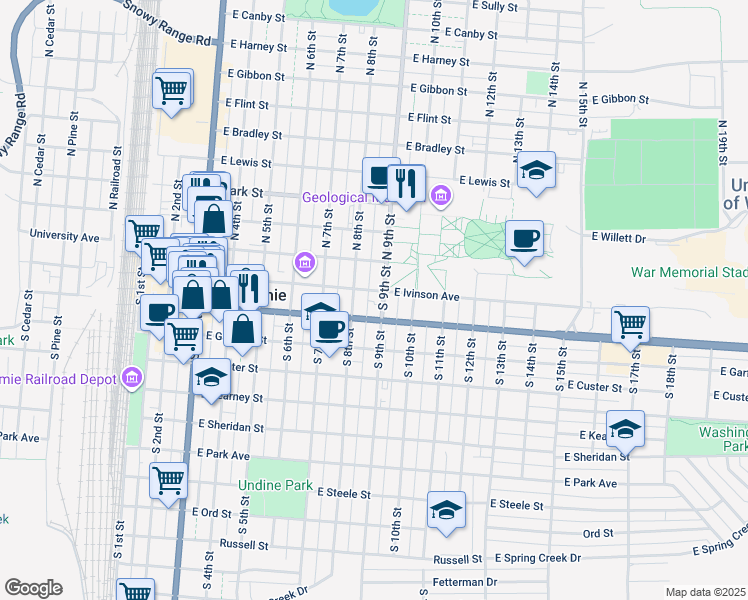 map of restaurants, bars, coffee shops, grocery stores, and more near 805 East Ivinson Avenue in Laramie