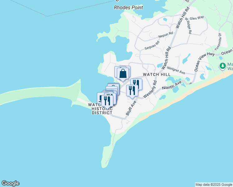 map of restaurants, bars, coffee shops, grocery stores, and more near 39 Bay Street in Westerly
