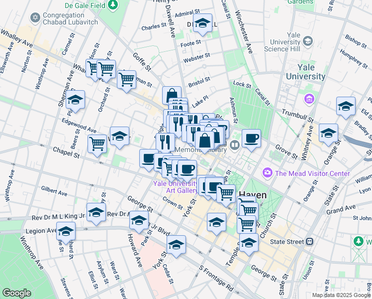 map of restaurants, bars, coffee shops, grocery stores, and more near 356 Elm Street in New Haven