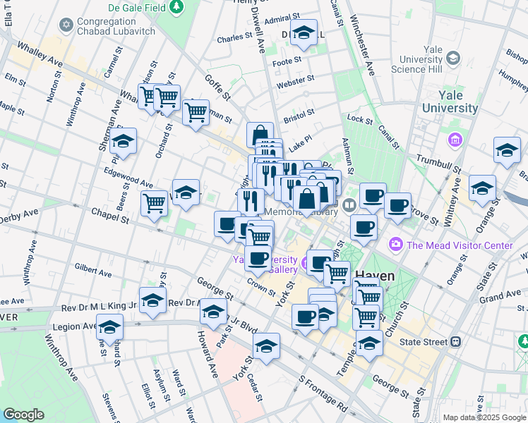 map of restaurants, bars, coffee shops, grocery stores, and more near 356 Elm Street in New Haven
