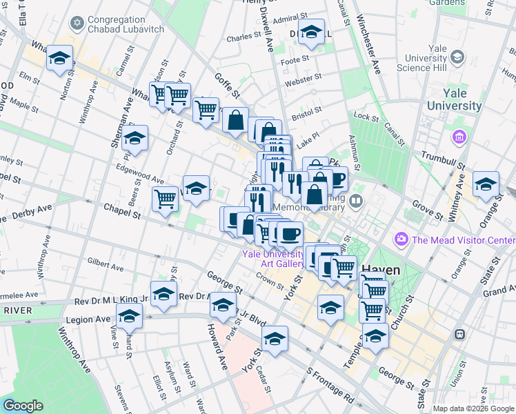 map of restaurants, bars, coffee shops, grocery stores, and more near 104 Howe Street in New Haven