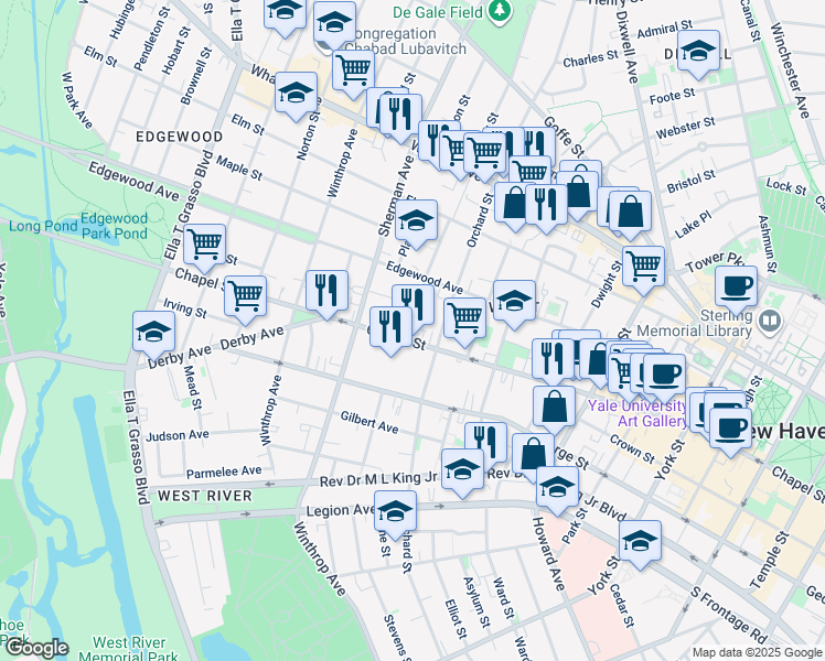 map of restaurants, bars, coffee shops, grocery stores, and more near 23 Beers Street in New Haven