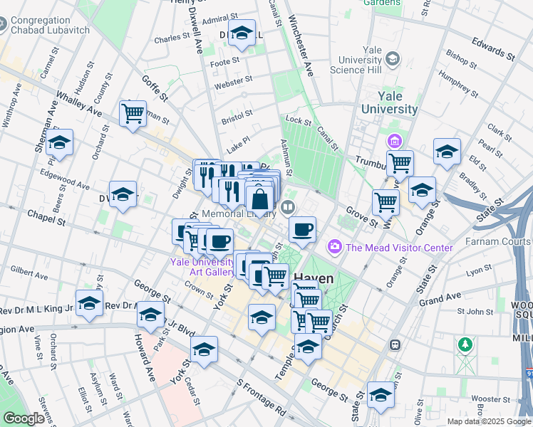map of restaurants, bars, coffee shops, grocery stores, and more near 306 York Street in New Haven