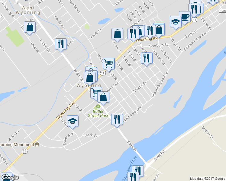 map of restaurants, bars, coffee shops, grocery stores, and more near 266 Monument Avenue in Wyoming