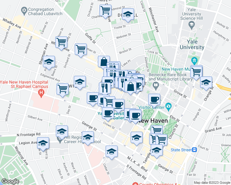 map of restaurants, bars, coffee shops, grocery stores, and more near 34 Lynwood Pl in New Haven