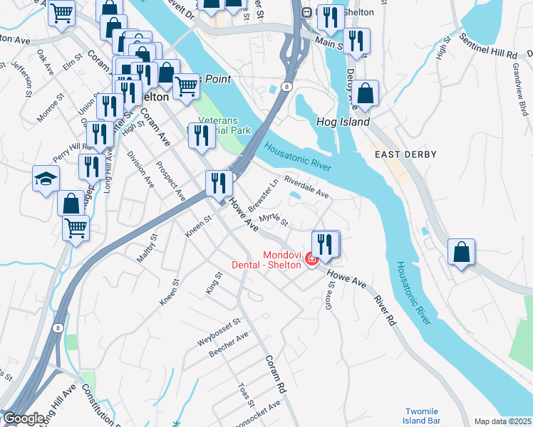 map of restaurants, bars, coffee shops, grocery stores, and more near 111 Myrtle Street in Shelton