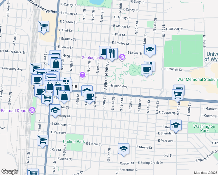 map of restaurants, bars, coffee shops, grocery stores, and more near 910 East Ivinson Avenue in Laramie