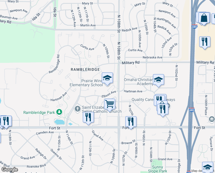 map of restaurants, bars, coffee shops, grocery stores, and more near 10908 Ellison Avenue in Omaha