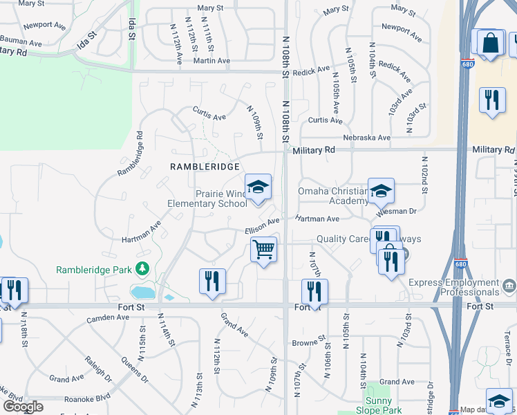 map of restaurants, bars, coffee shops, grocery stores, and more near 10908 Ellison Avenue in Omaha