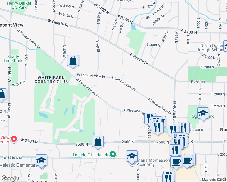 map of restaurants, bars, coffee shops, grocery stores, and more near 121 East Lomond View Drive in Ogden