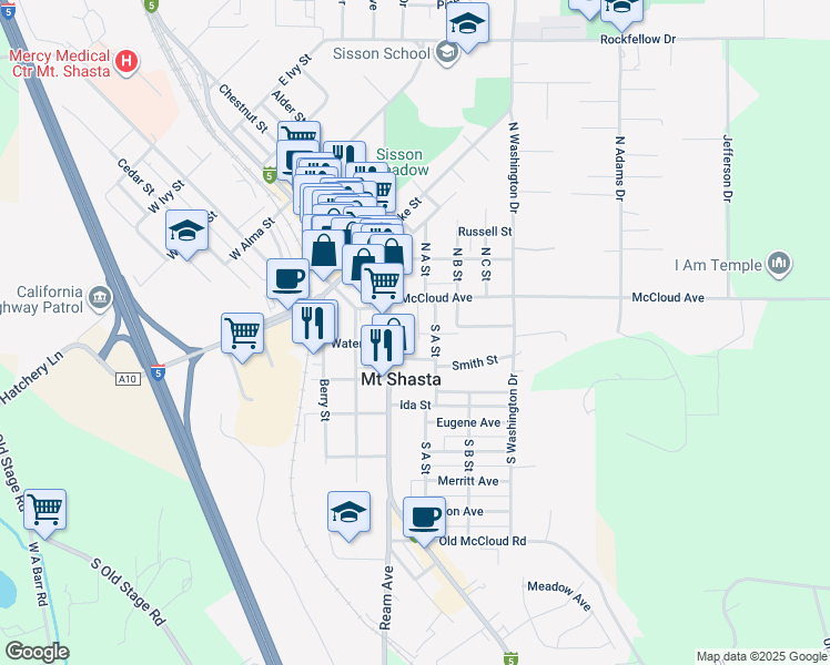map of restaurants, bars, coffee shops, grocery stores, and more near 304-1/2 S Mt Shasta Blvd in Mt Shasta