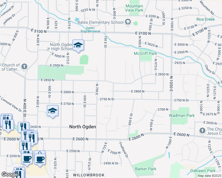 map of restaurants, bars, coffee shops, grocery stores, and more near 798 East 2800 North in Ogden
