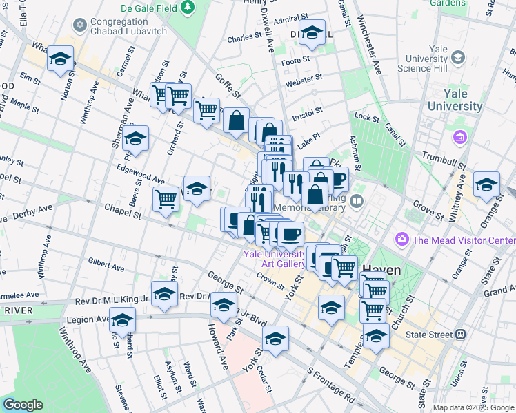 map of restaurants, bars, coffee shops, grocery stores, and more near 100 Howe Street in New Haven