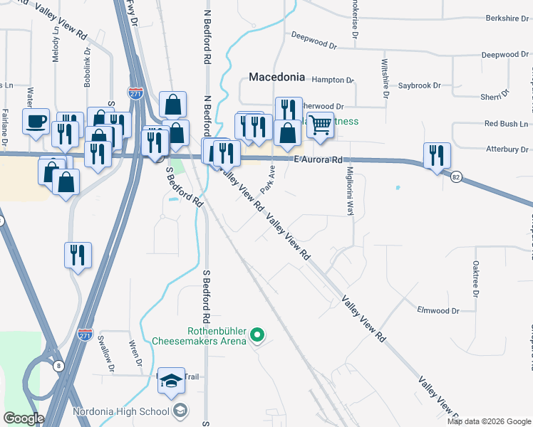 map of restaurants, bars, coffee shops, grocery stores, and more near Valley View Road in Summit County