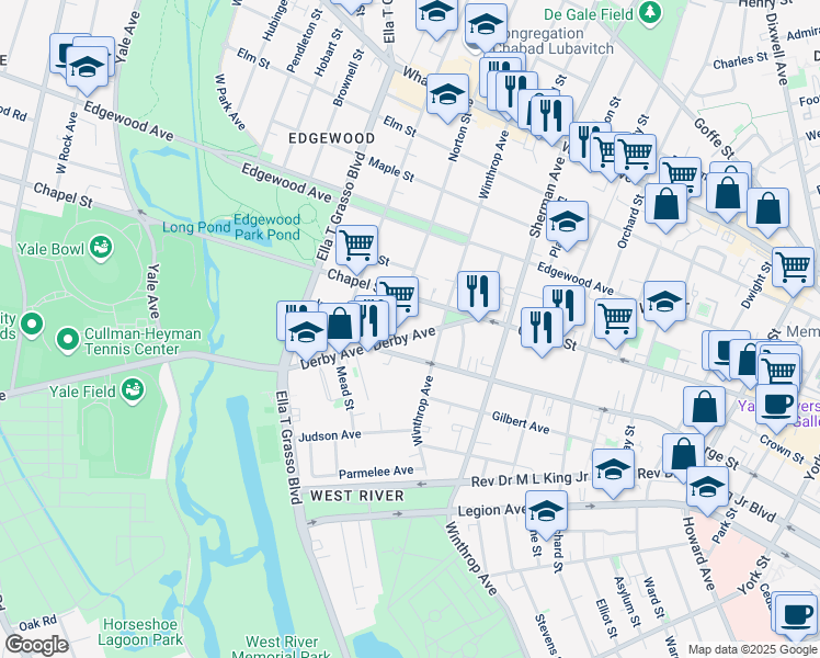 map of restaurants, bars, coffee shops, grocery stores, and more near 67 Derby Avenue in New Haven