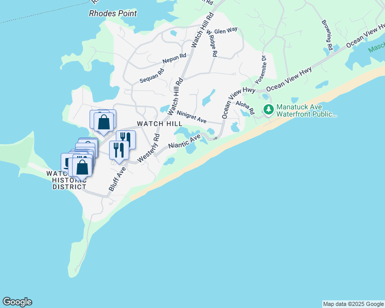 map of restaurants, bars, coffee shops, grocery stores, and more near 7 Niantic Avenue in Westerly