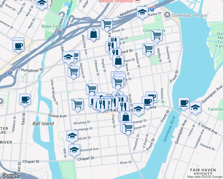 map of restaurants, bars, coffee shops, grocery stores, and more near 349 Poplar Street in New Haven